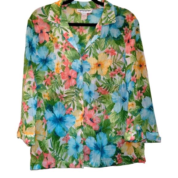 Vintage Tops - Vtg Semi Sheer Tropical Floral Button-Up Shirt Sz M Summer Vacation GrandmaCore